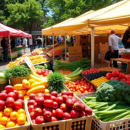 A colorful array of fresh fruits and vegetables at a farmers market, representing seasonal eating and local produce
