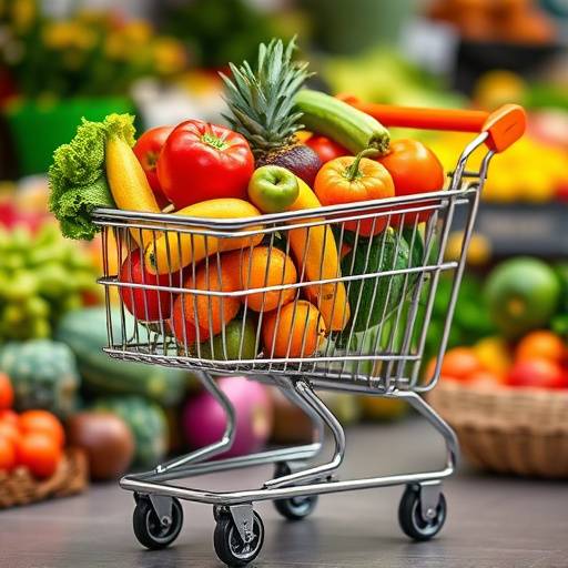 A shopping cart filled with fresh fruits and vegetables.