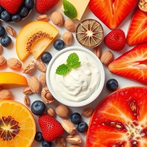A variety of healthy snacks like fruits, nuts, and yogurt.
