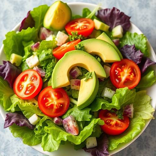 A vibrant salad with mixed greens, tomatoes, and avocado, representing a healthy meal