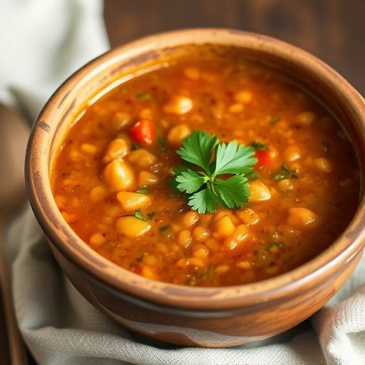Bowl of hearty lentil soup garnished with parsley.