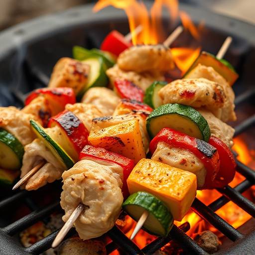 Chicken and vegetable skewers grilling over an open flame.