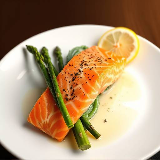 Overhead shot of a plate of salmon with asparagus and lemon slices