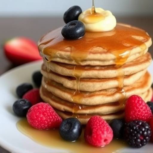 Stack of whole wheat pancakes with fresh berries and maple syrup